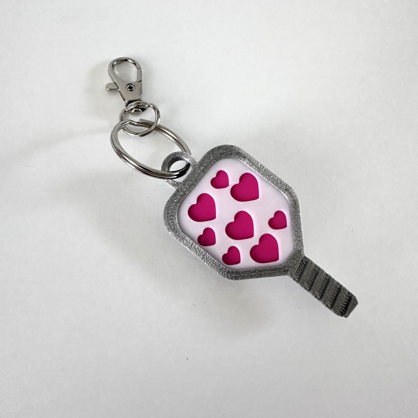 Hot Pink Hearts Pickleball Bag Tag Keychain with 3D Pickleball Charm - Mini Pickleball Paddle Keychain - Unique Pickleball Gift (Hot Pink Hearts On Silver)