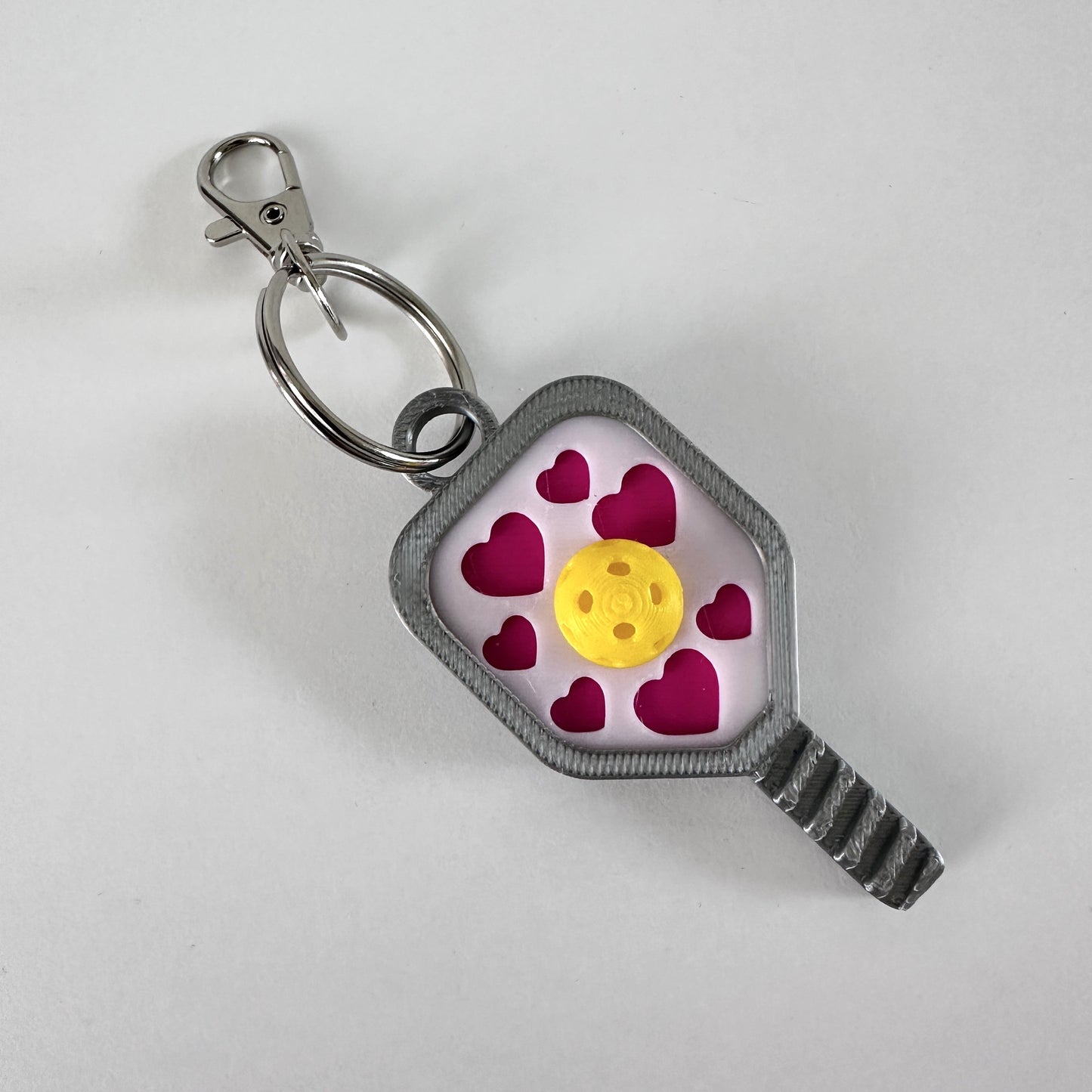 Hot Pink Hearts Pickleball Bag Tag Keychain with 3D Pickleball Charm - Mini Pickleball Paddle Keychain - Unique Pickleball Gift (Hot Pink Hearts On Silver)