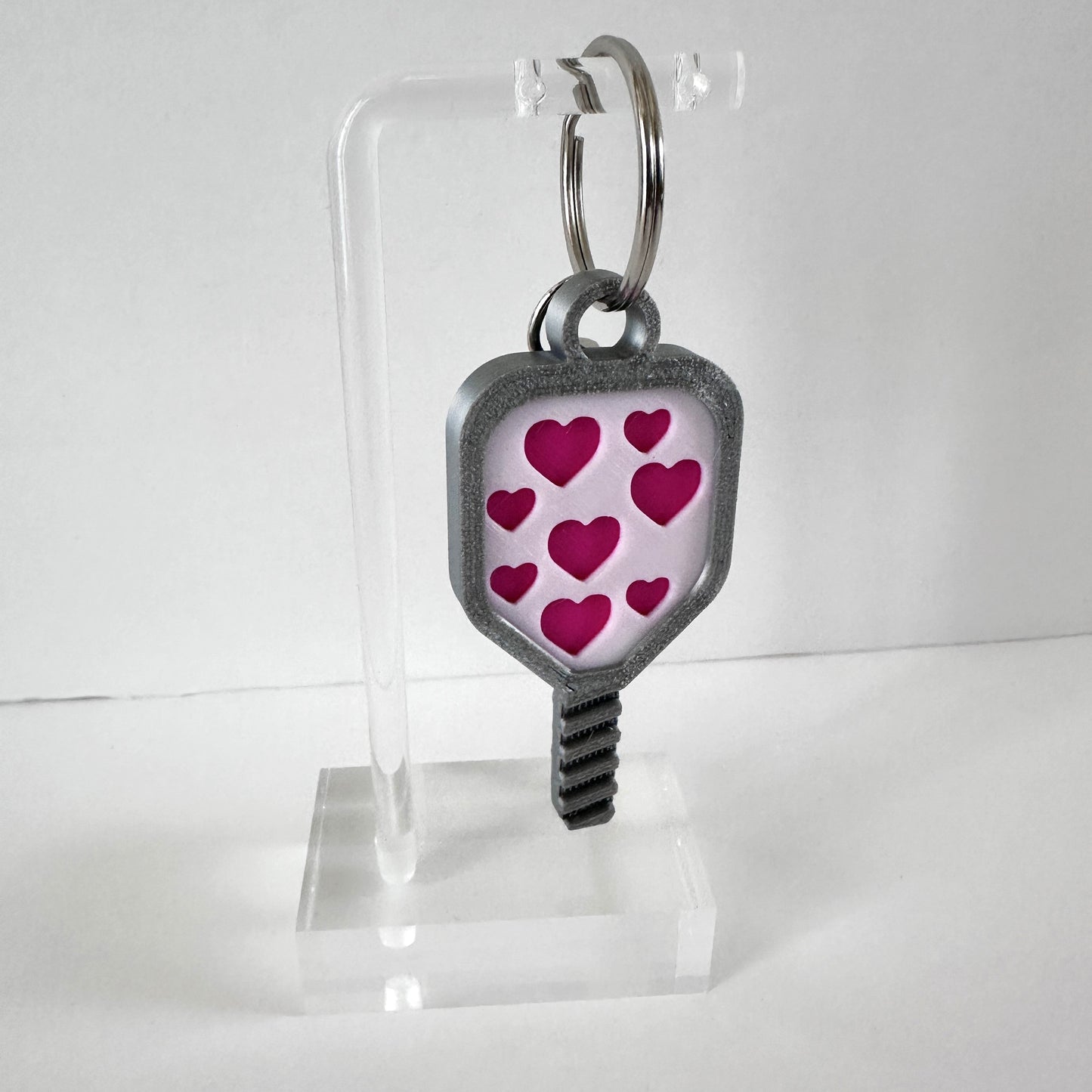 Hot Pink Hearts Pickleball Bag Tag Keychain with 3D Pickleball Charm - Mini Pickleball Paddle Keychain - Unique Pickleball Gift (Hot Pink Hearts On Silver)