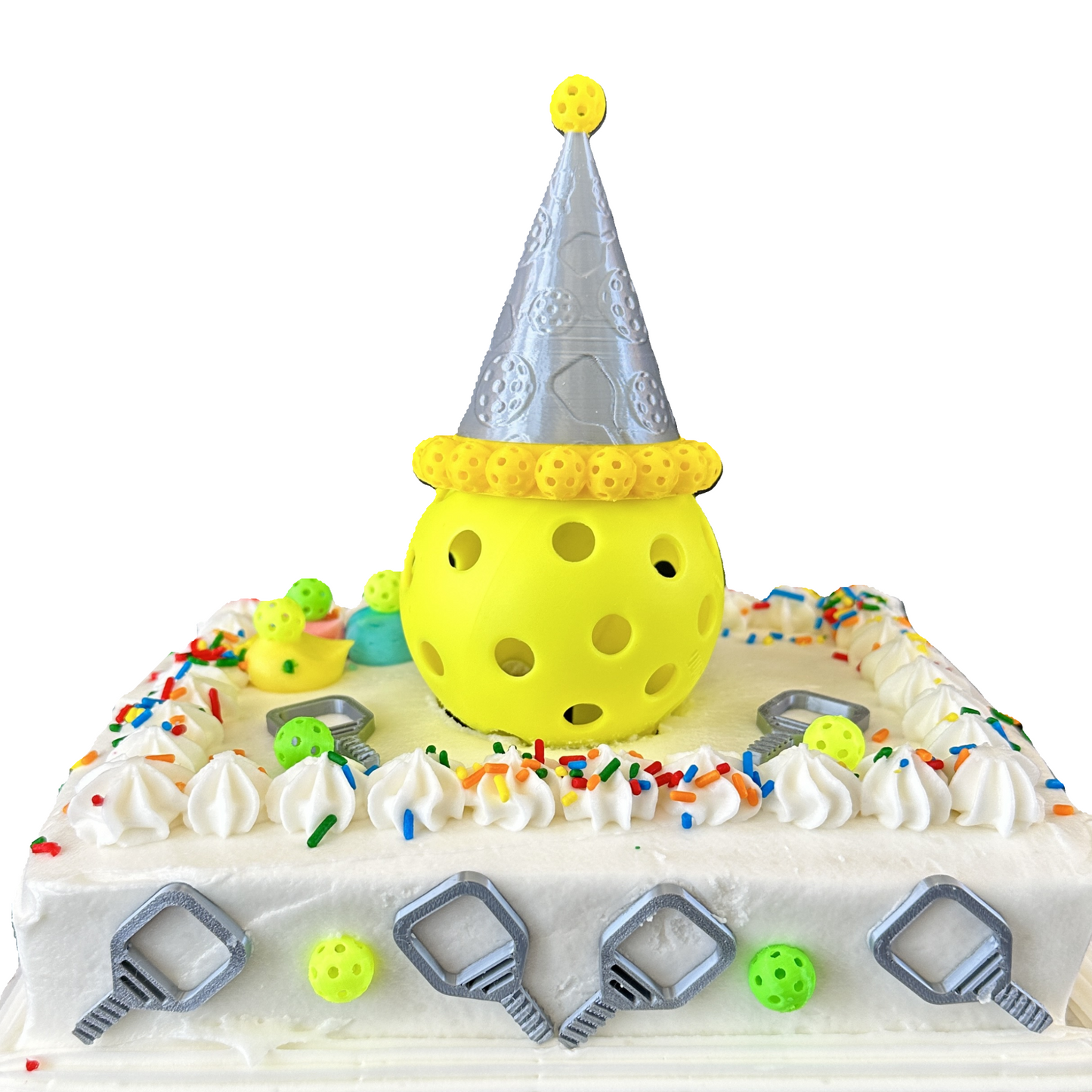 Pickleball Cake Topper and Party Pack - Silver Pickleball Birthday Hat Decoration with Stand Plus 6 Mini Yellow Balls, 6 Green Balls, and 6 Mini Paddle Party Favors
