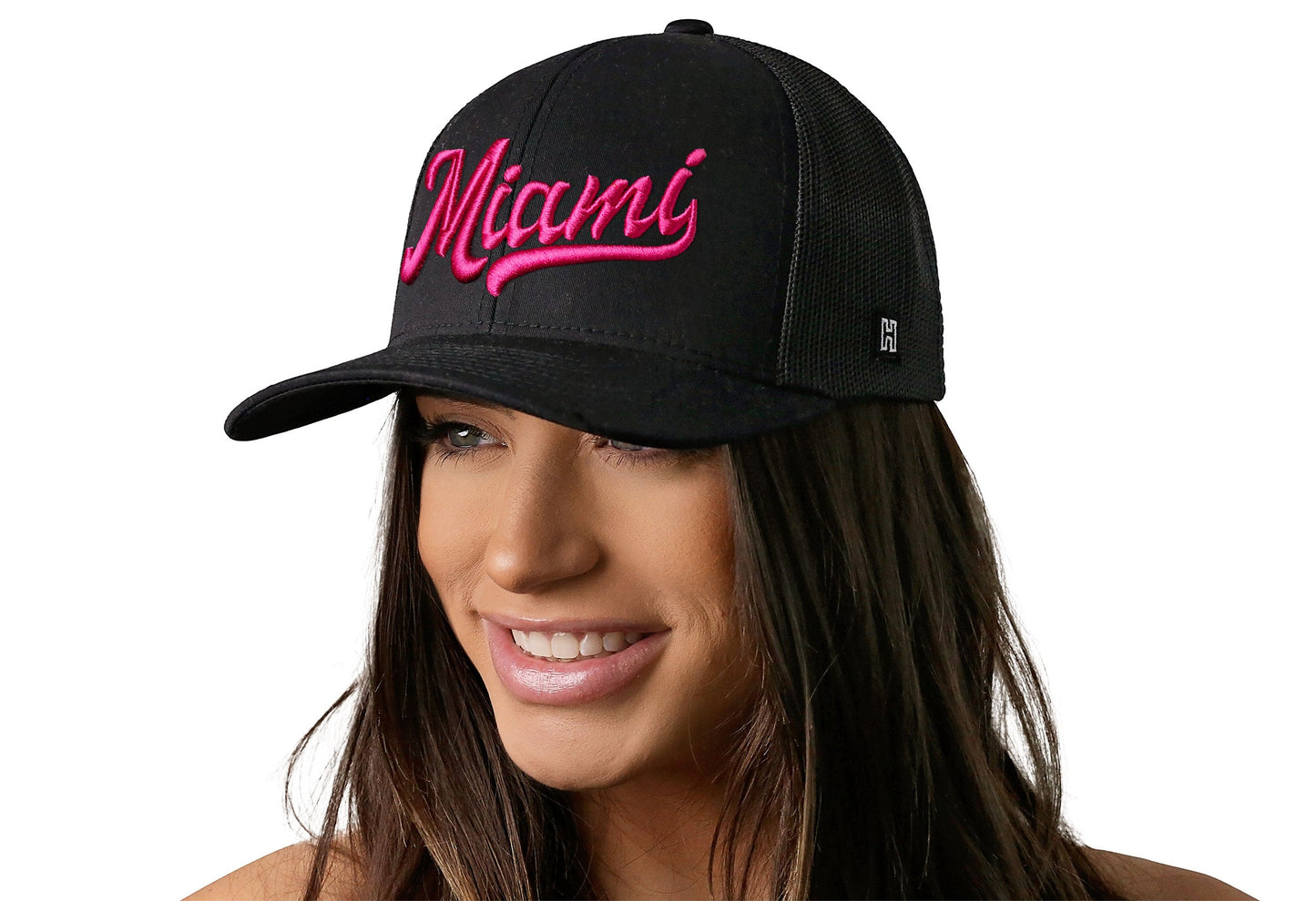 Miami Hot Pink Script Trucker Hat | Black Florida Snapback