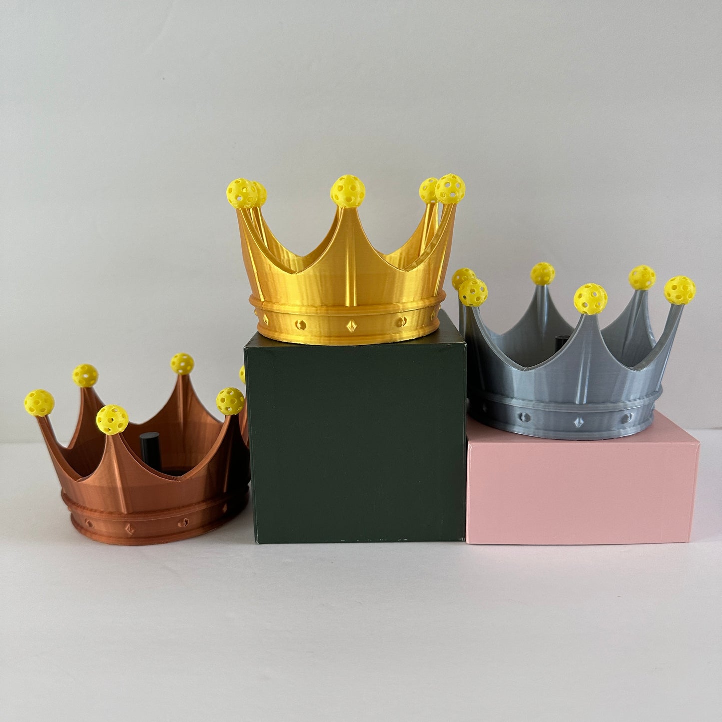 Mini Pickleball Crown Trophy Set Of 3 - Gold, Silver, Bronze With Stand - Perfect for Pickleball Tournaments & Gifts
