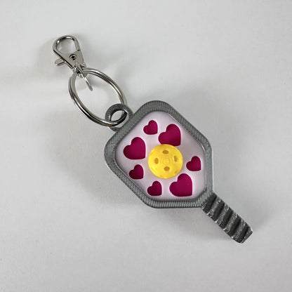 Hot Pink Hearts Pickleball Bag Tag Keychain with 3D Pickleball Charm - Mini Pickleball Paddle Keychain - Unique Pickleball Gift (Hot Pink Hearts On Silver)