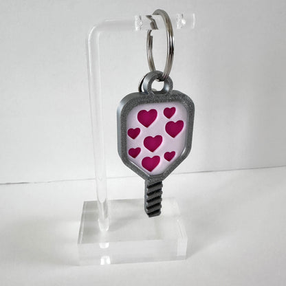 Hot Pink Hearts Pickleball Bag Tag Keychain with 3D Pickleball Charm - Mini Pickleball Paddle Keychain - Unique Pickleball Gift (Hot Pink Hearts On Silver)