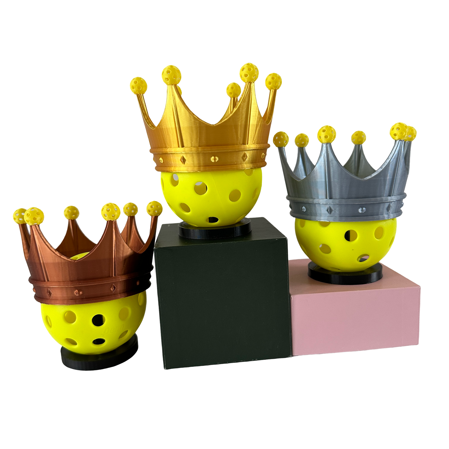 Mini Pickleball Crown Trophy Set Of 3 - Gold, Silver, Bronze With Stand - Perfect for Pickleball Tournaments & Gifts