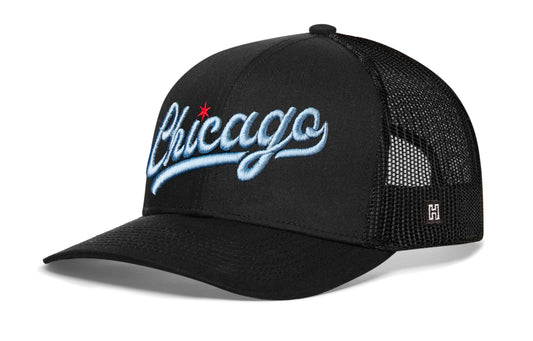 Chicago Light Blue Script Trucker Hat  |  Black Illinois Snapback