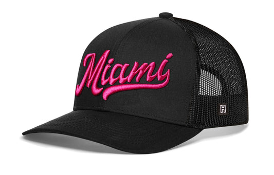 Miami Hot Pink Script Trucker Hat  |  Black Florida Snapback