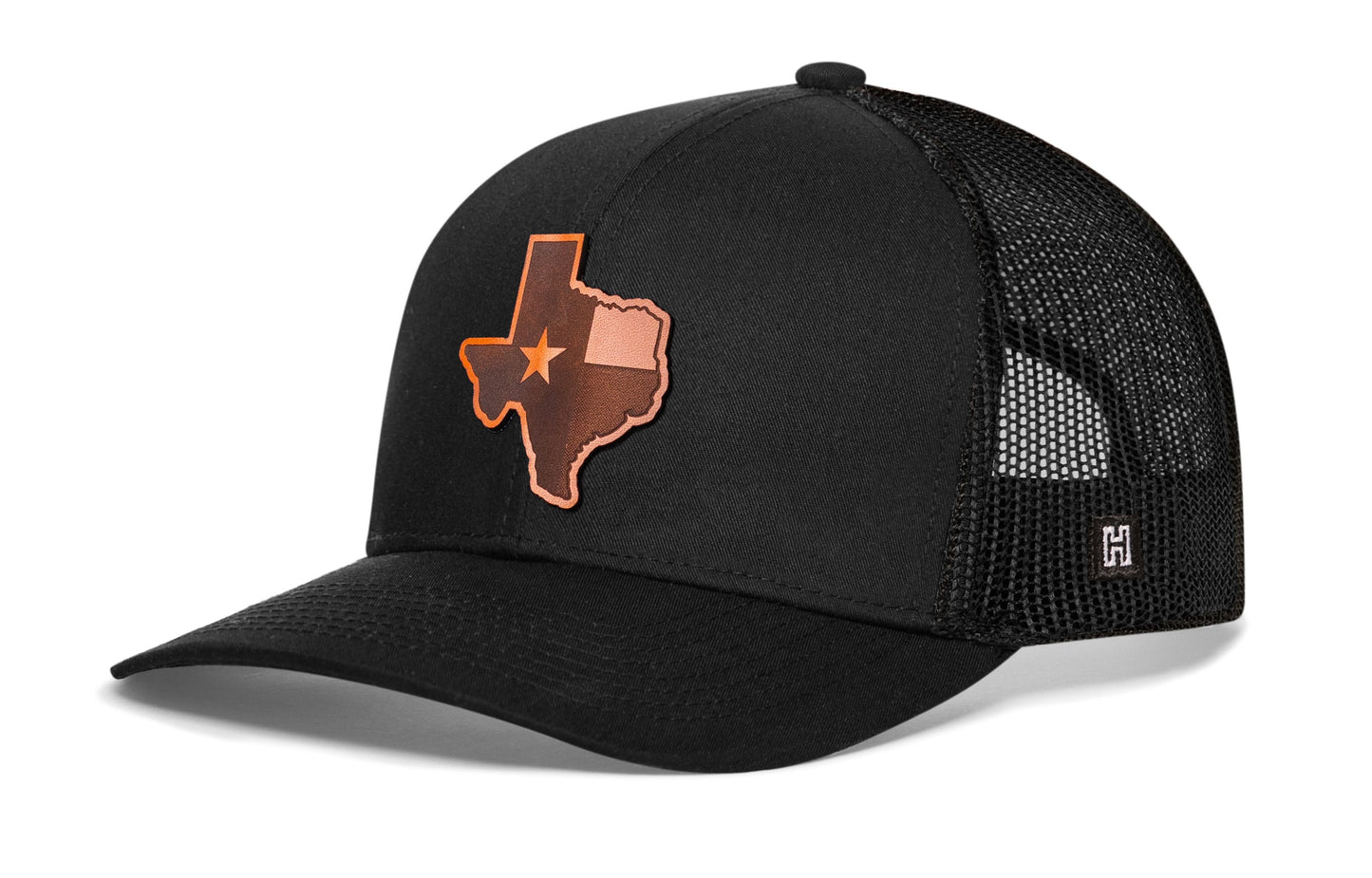 Texas Flag Trucker Hat Leather  |  Black Texas Flag Cut to Shape Snapback