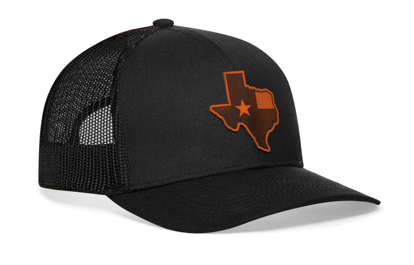 Texas Flag Trucker Hat Leather  |  Black Texas Flag Cut to Shape Snapback