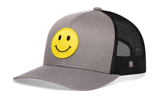 Smiley Face Trucker Hat  |  Gray-Black Emoji Snapback