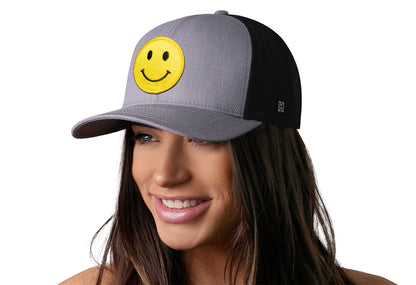 Smiley Face Trucker Hat  |  Gray-Black Emoji Snapback