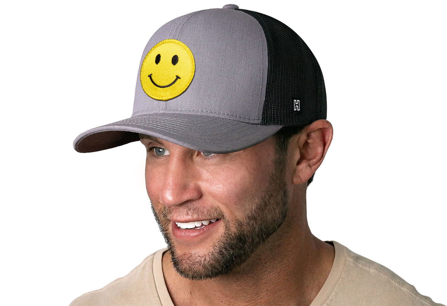 Smiley Face Trucker Hat  |  Gray-Black Emoji Snapback