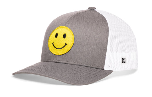 Smiley Face Trucker Hat  |  Gray-White Emoji Snapback