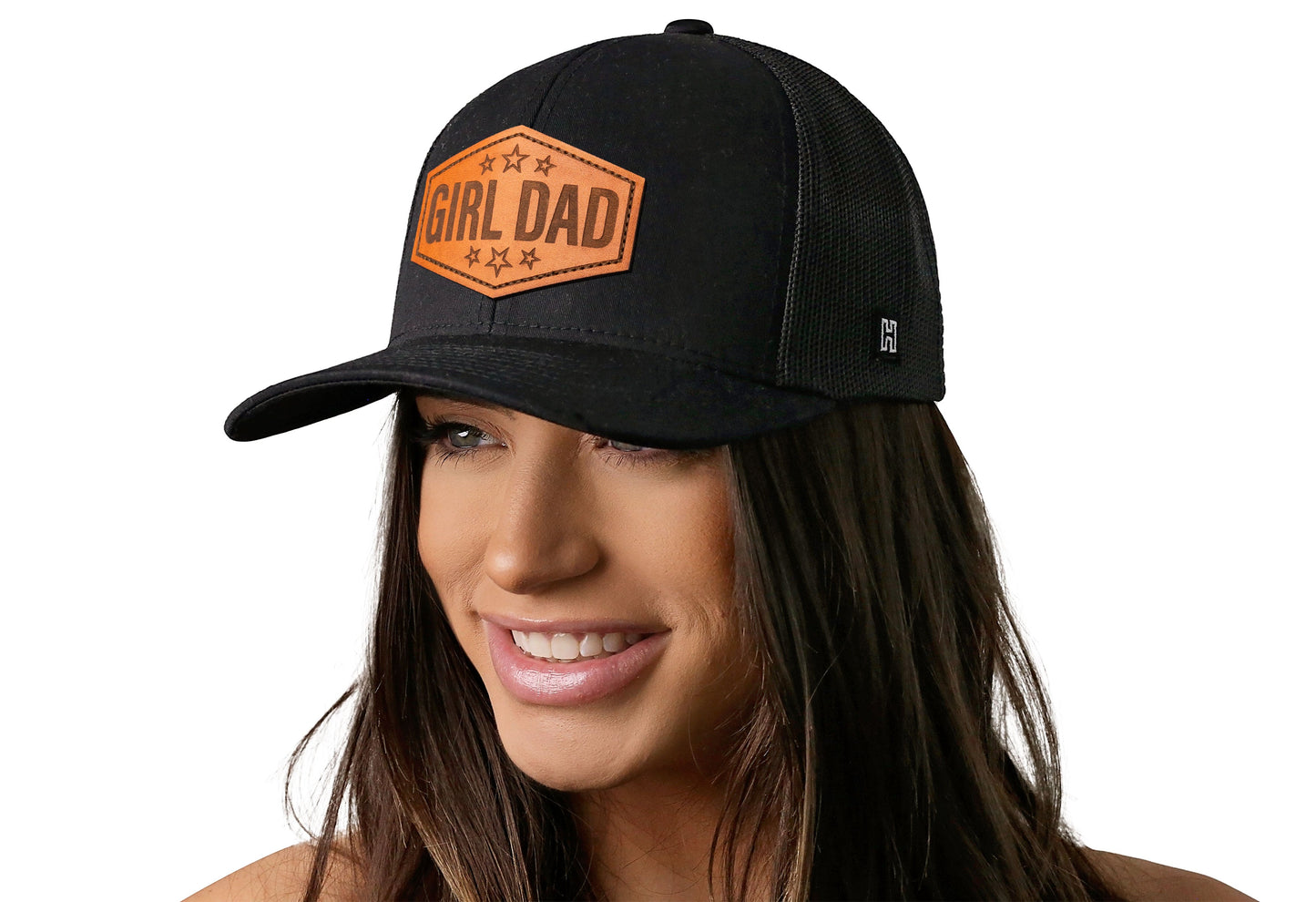 Girl Dad Leather Trucker Hat  |  Black  Snapback
